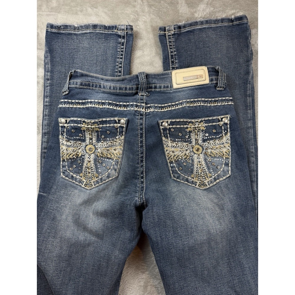 Sexy Couture‎ Jeans Size 5 Blue Bootcut Western Rhinestones Pockets Embroidered